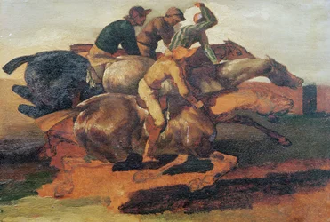 Fyra jockeys galopperande